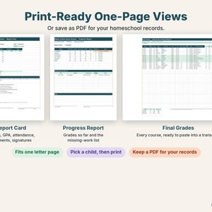 Printable one-page report card, progress report and final grades for the transcript side by side