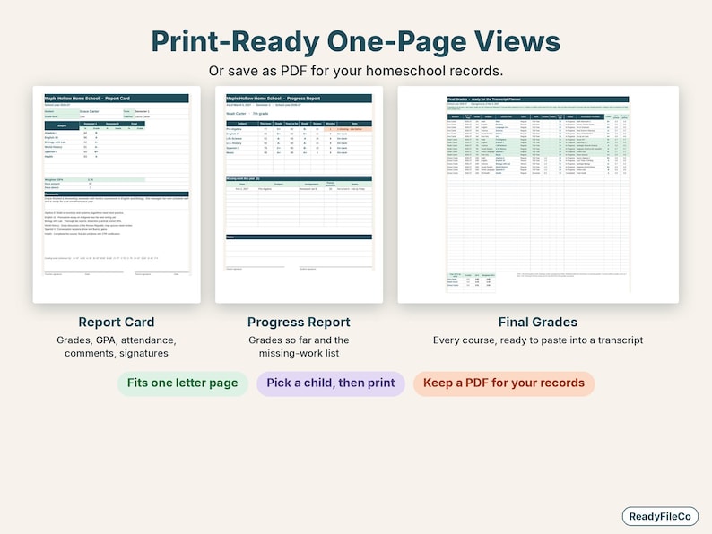 Printable one-page report card, progress report and final grades for the transcript side by side