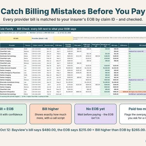 Bill check table comparing each provider bill with the insurer EOB and flagging a bill that is higher