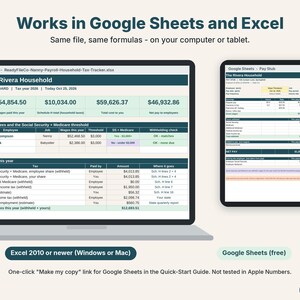 Nanny payroll tracker shown on a laptop in Excel and on a tablet in Google Sheets