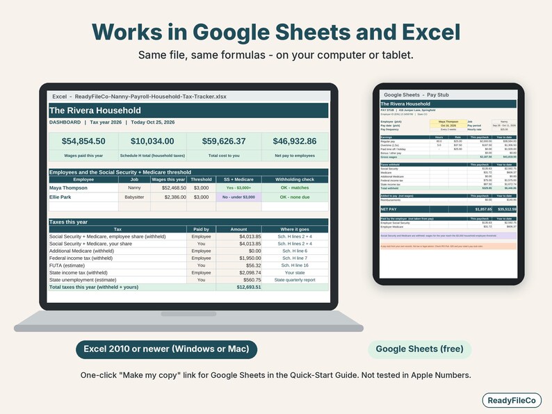 Nanny payroll tracker shown on a laptop in Excel and on a tablet in Google Sheets