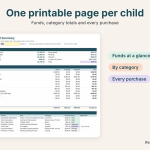 Printable one-page student summary with Arkansas EFA funds, categories and purchases