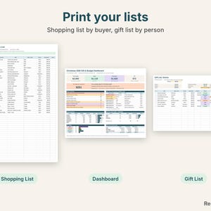 Printable shopping list, holiday budget dashboard and gift list for one person