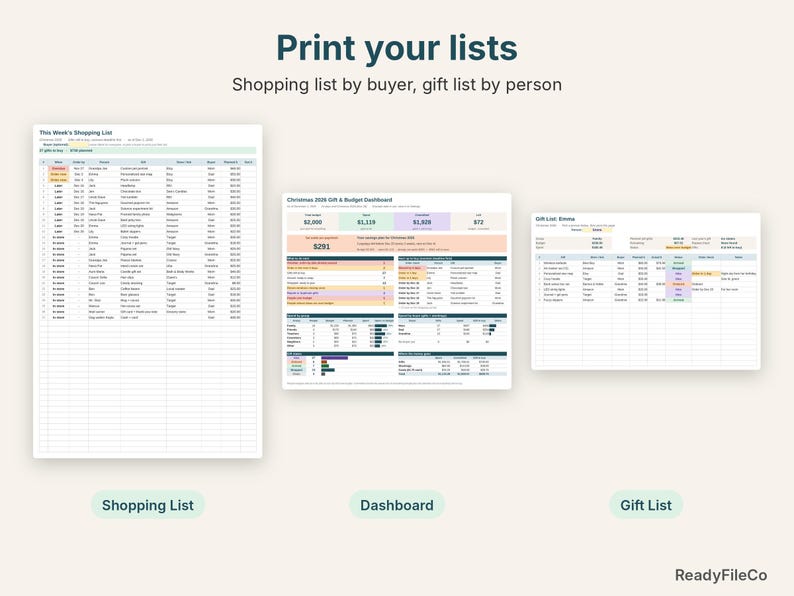 Printable shopping list, holiday budget dashboard and gift list for one person