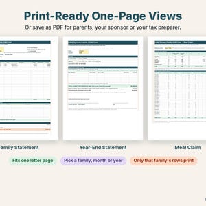 Printable one-page family statement, year-end statement and meal claim side by side