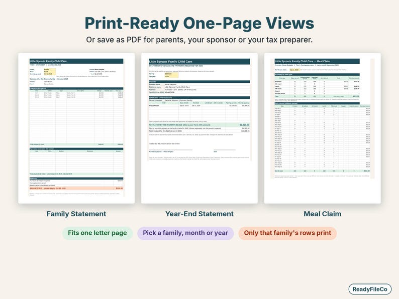 Printable one-page family statement, year-end statement and meal claim side by side