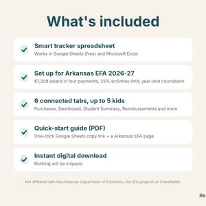 What's included: Arkansas EFA tracker spreadsheet, quick-start guide, instant download