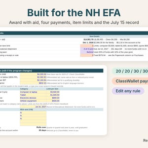 NH EFA checks: awards with aid, next payment, per-item limits, Record of Educational Attainment and pace