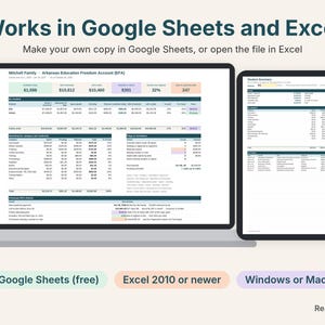 Arkansas EFA tracker on a laptop and a tablet, works in Google Sheets and Excel