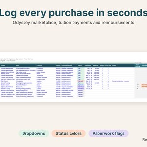 Purchases log with Odyssey marketplace payment methods, status colors and paperwork flags