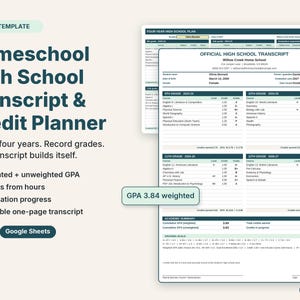 Homeschool high school transcript and credit planner spreadsheet with a printable one-page transcript