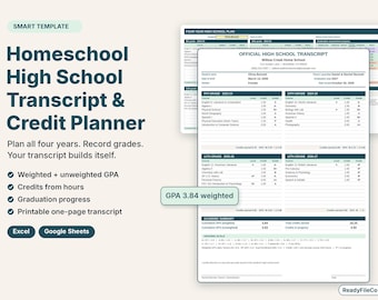 Puede incluir: Una plantilla digital de expediente académico y planificador de créditos para educación en casa, compatible con Excel y Google Sheets. El documento muestra registros académicos, listas de cursos, GPA y progreso.