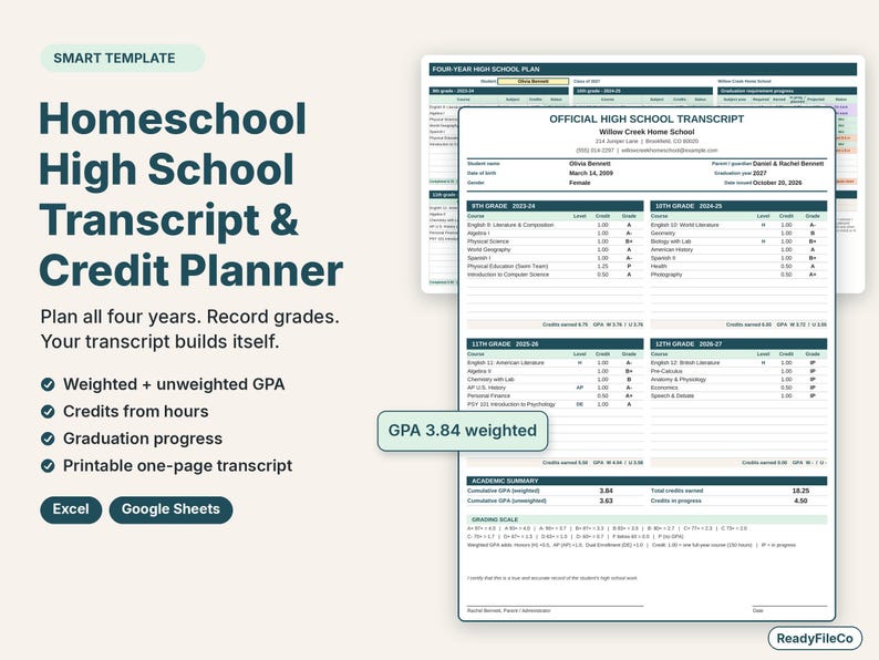 Homeschool high school transcript and credit planner spreadsheet with a printable one-page transcript