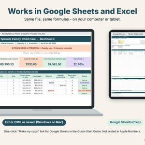 Home daycare spreadsheet shown on a laptop in Excel and on a tablet in Google Sheets