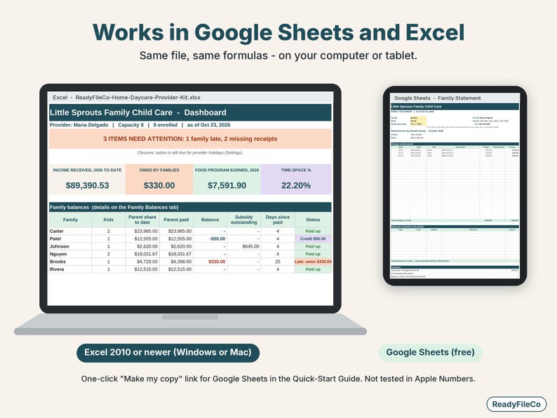 Home daycare spreadsheet shown on a laptop in Excel and on a tablet in Google Sheets
