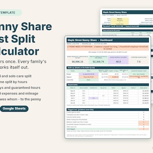 Nanny share cost split calculator spreadsheet with a dashboard of family balances and a family statement