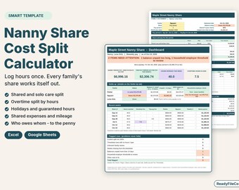 Puede incluir: Una plantilla digital de calculadora de división de costos para niñeras para Excel y Google Sheets. El documento presenta un panel y un resumen del período de pago con tablas para realizar un seguimiento de las horas y los saldos.