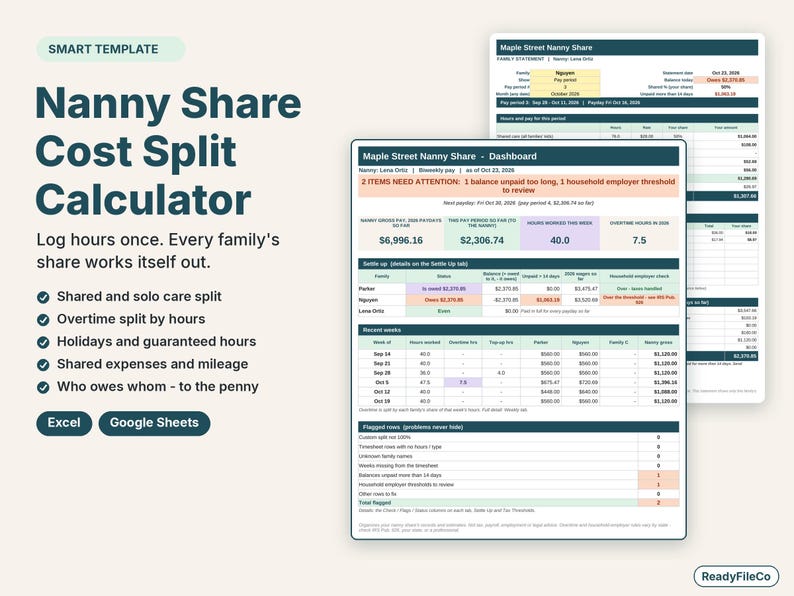 Nanny share cost split calculator spreadsheet with a dashboard of family balances and a family statement