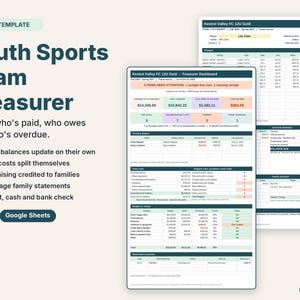 Youth sports team treasurer spreadsheet with a dashboard of player balances, overdue fees and team cash
