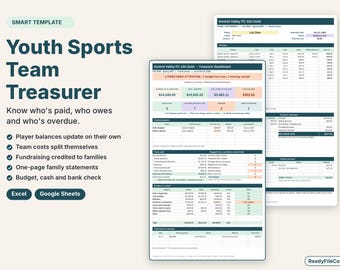 Puede incluir: Una plantilla digital para tesorero de equipo deportivo juvenil con panel de control y estado de cuenta familiar. El texto dice Youth Sports Team Treasurer, Excel, Google Sheets y Kestrel Valley FC 32U Gold. Muestra tablas de datos.