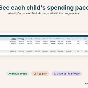 Florida PEP dashboard close-up showing each child's available funds and spending pace