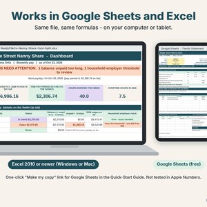 Nanny share spreadsheet shown on a laptop in Excel and on a tablet in Google Sheets
