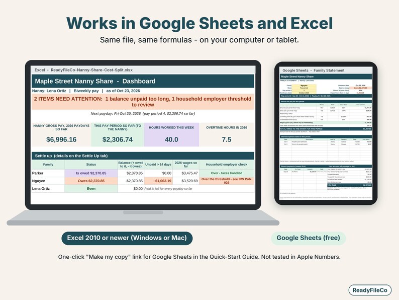 Nanny share spreadsheet shown on a laptop in Excel and on a tablet in Google Sheets