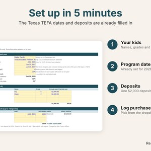 Settings tab already set up with Texas TEFA 2026-27 dates, awards and deposits