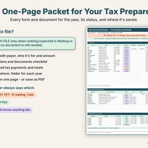 One-page accountant packet listing every tax form and document with status and where it is saved