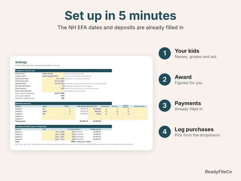Settings tab already set up with NH EFA 2026-27 dates, awards and deposits