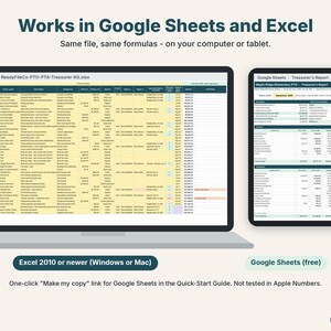 PTO treasurer spreadsheet shown on a laptop in Excel and on a tablet in Google Sheets