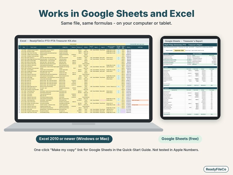 PTO treasurer spreadsheet shown on a laptop in Excel and on a tablet in Google Sheets
