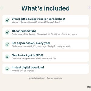 What's included: gift and budget tracker spreadsheet, quick-start guide, instant download