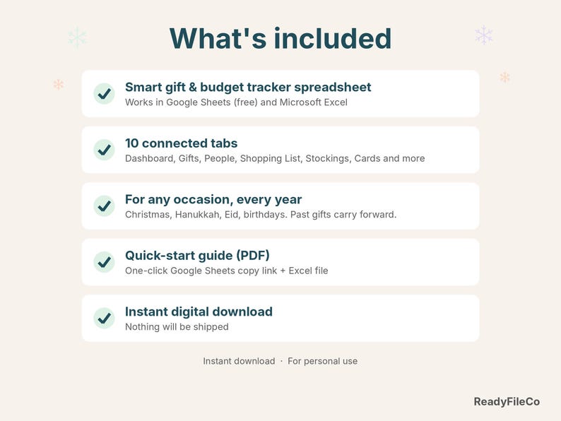 What's included: gift and budget tracker spreadsheet, quick-start guide, instant download