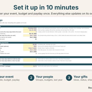Settings tab with event date, budget, pay frequency, next payday and warning days