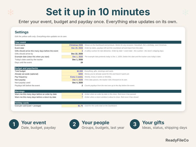 Settings tab with event date, budget, pay frequency, next payday and warning days