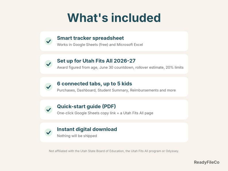 What's included: Utah Fits All tracker spreadsheet, quick-start guide, instant download
