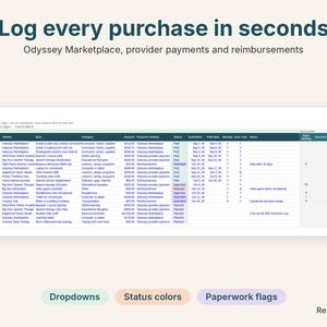 Purchases log with Odyssey Marketplace payment methods, status colors and paperwork flags