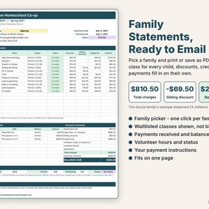 Printable one-page family statement with classes per child, discounts, payments and balance due