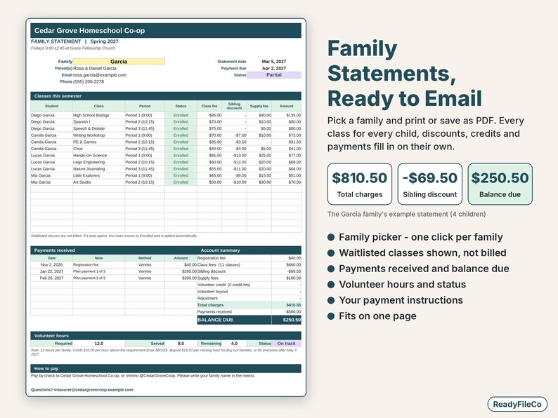 Printable one-page family statement with classes per child, discounts, payments and balance due