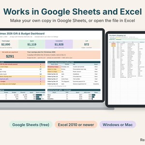 Christmas gift and budget dashboard on a laptop and shopping list on a tablet, works in Google Sheets and Excel