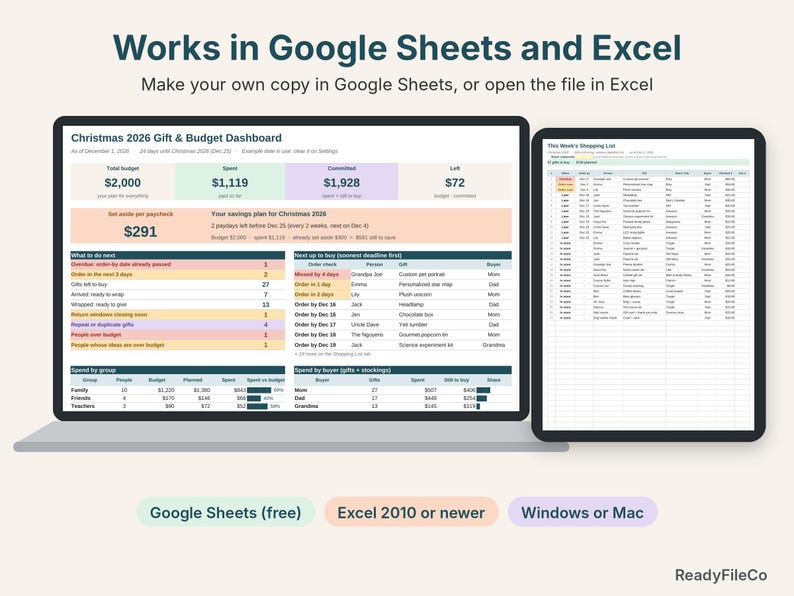 Christmas gift and budget dashboard on a laptop and shopping list on a tablet, works in Google Sheets and Excel