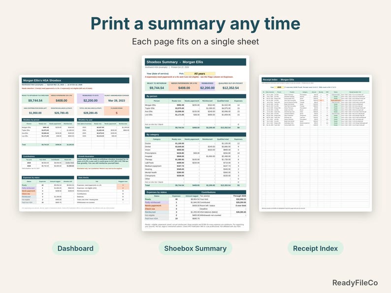 Printable HSA dashboard, shoebox summary and receipt index pages