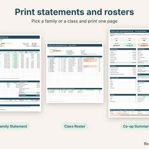 Printable family statement, class roster and co-op summary pages