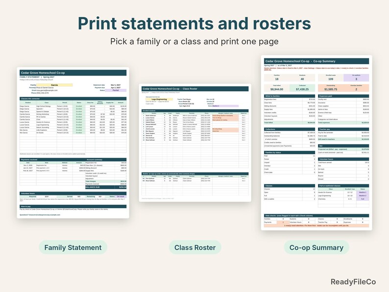 Printable family statement, class roster and co-op summary pages