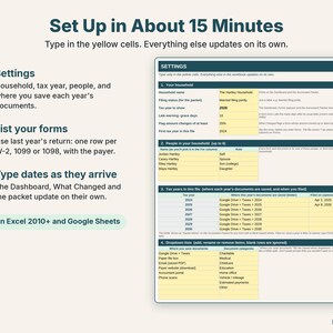 Easy setup in three steps: settings, list your tax forms once, then type dates as they arrive