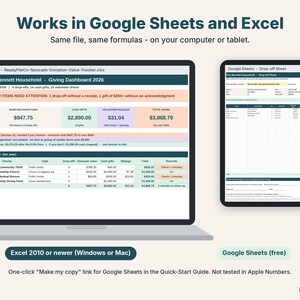 Donation tracker spreadsheet shown on a laptop in Excel and on a tablet in Google Sheets
