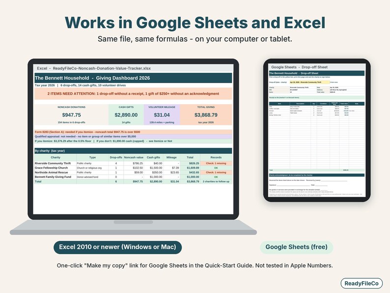 Donation tracker spreadsheet shown on a laptop in Excel and on a tablet in Google Sheets