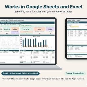 Lesson billing spreadsheet shown on a laptop in Excel and on a tablet in Google Sheets