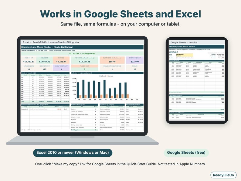 Lesson billing spreadsheet shown on a laptop in Excel and on a tablet in Google Sheets
